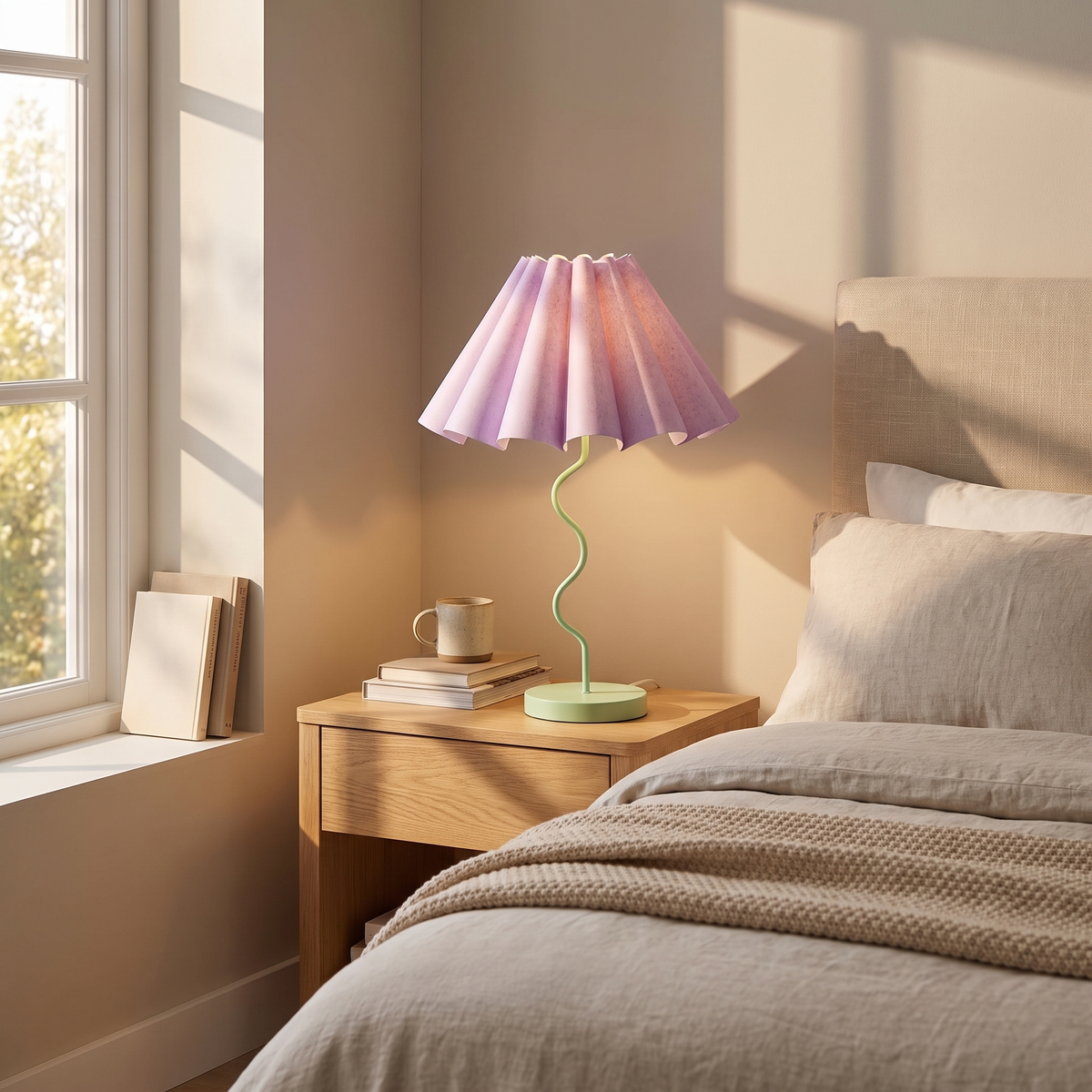 Cora Fluted Table Lamp – Lilac & Pastel Green – styled in a room