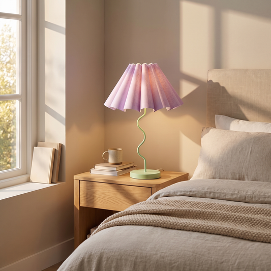 Cora Fluted Table Lamp – Lilac & Pastel Green – styled in a room