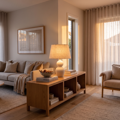 Mila Ceramic Table Lamp with Linen Shade – shown in a room for scale