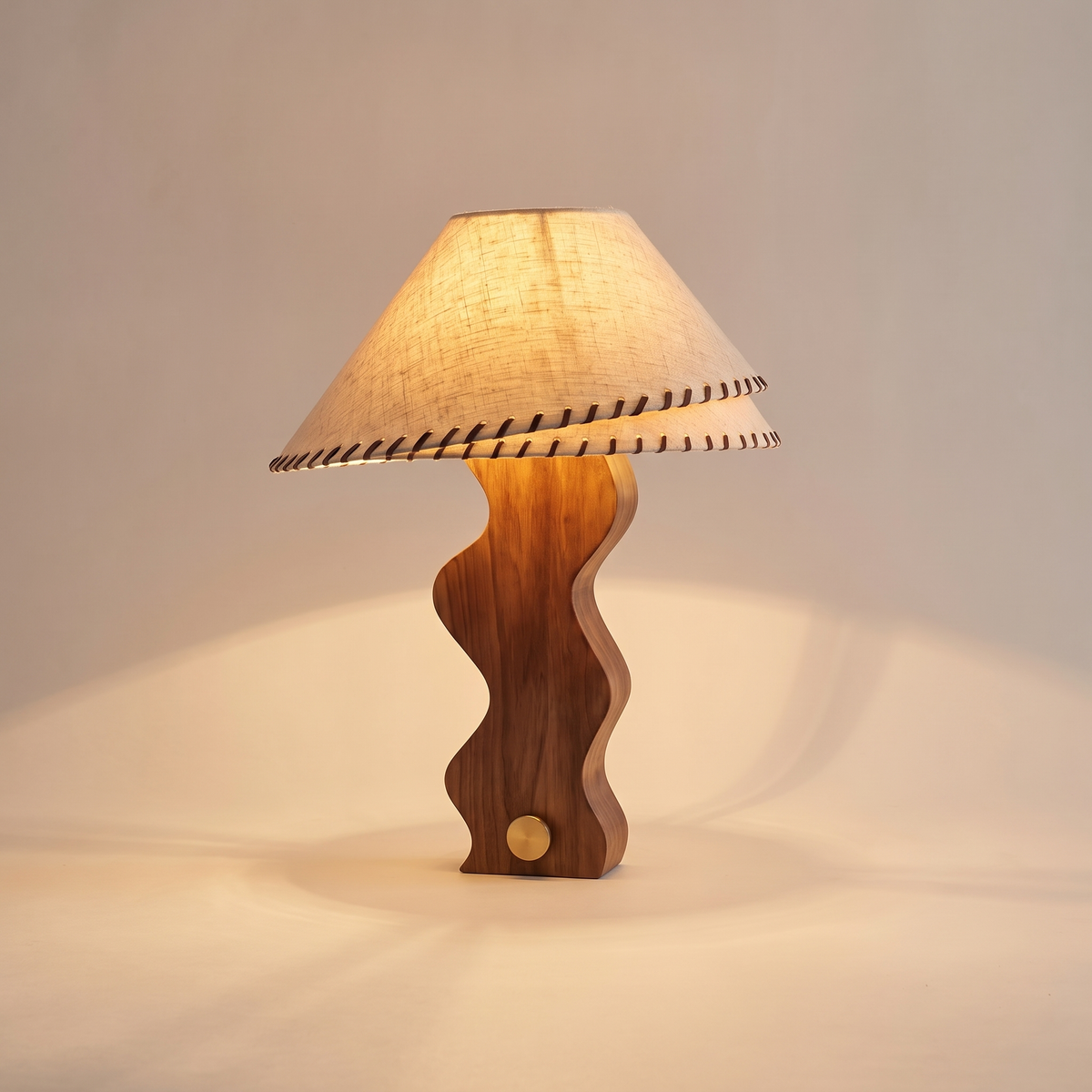 Zandro Curved Timber Table Lamp with Linen Shade – studio product shot