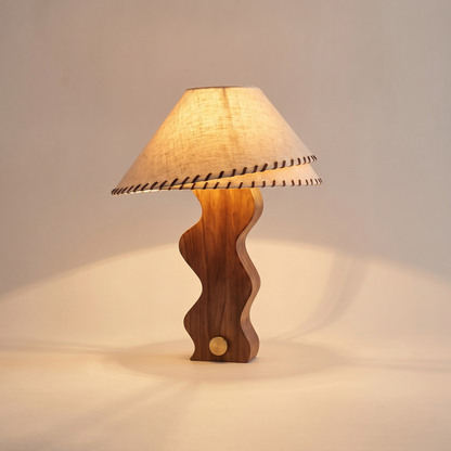 Zandro Curved Timber Table Lamp with Linen Shade – studio product shot