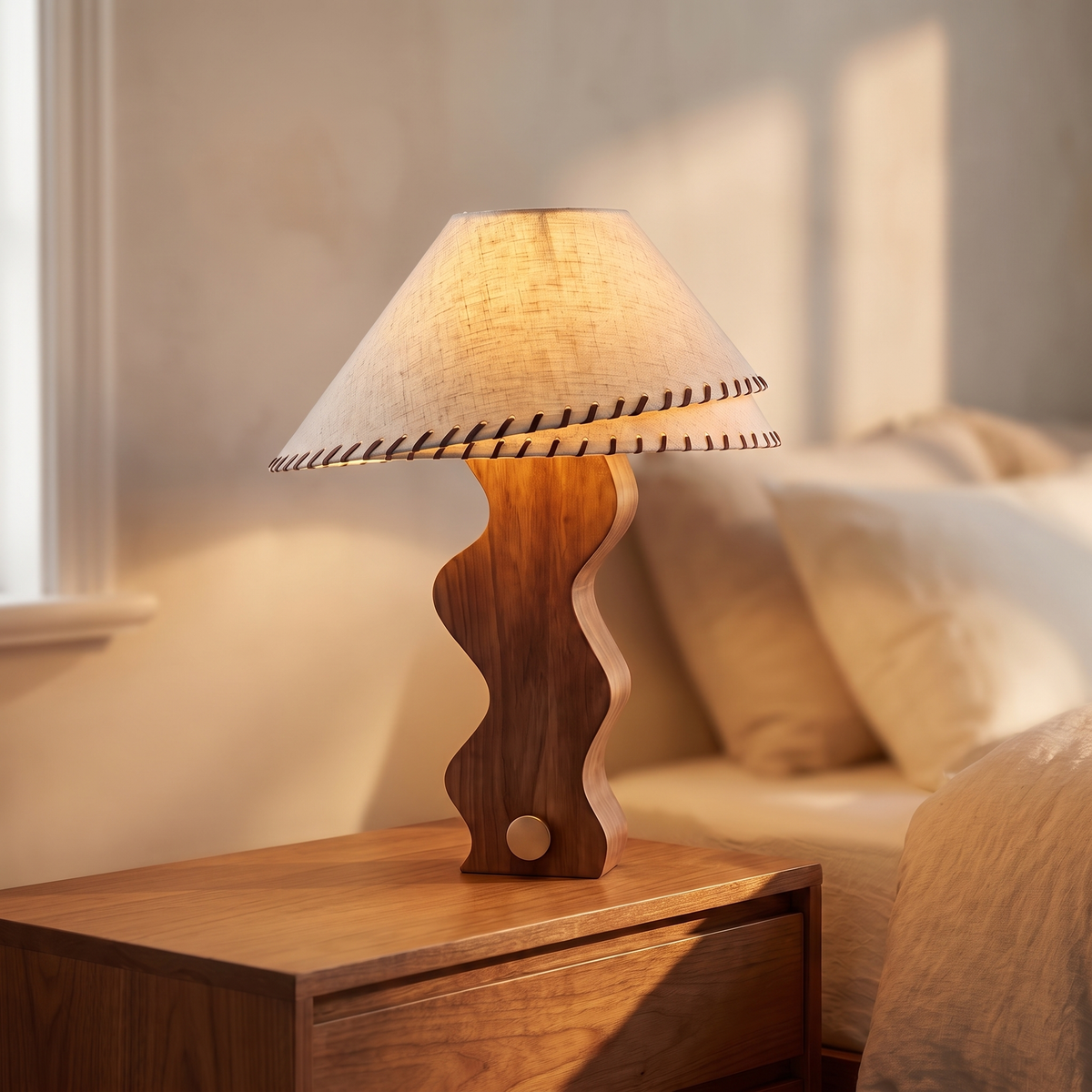 Zandro Curved Timber Table Lamp with Linen Shade – close-up detail