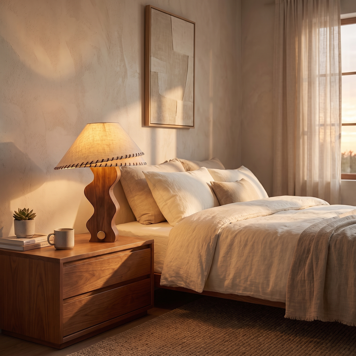 Zandro Curved Timber Table Lamp with Linen Shade – shown in a room for scale