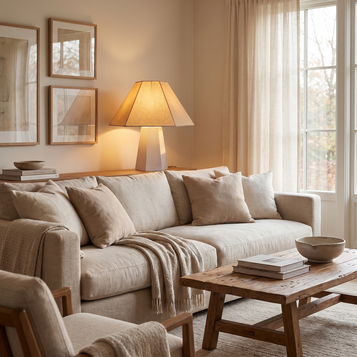 Blake Hexagonal Linen Table Lamp – Pearl – shown in a room for scale