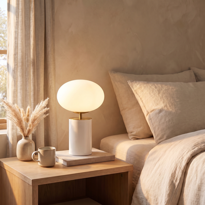 Notal Touch Table Lamp with Gloss Glass Shade – shown in a room for scale