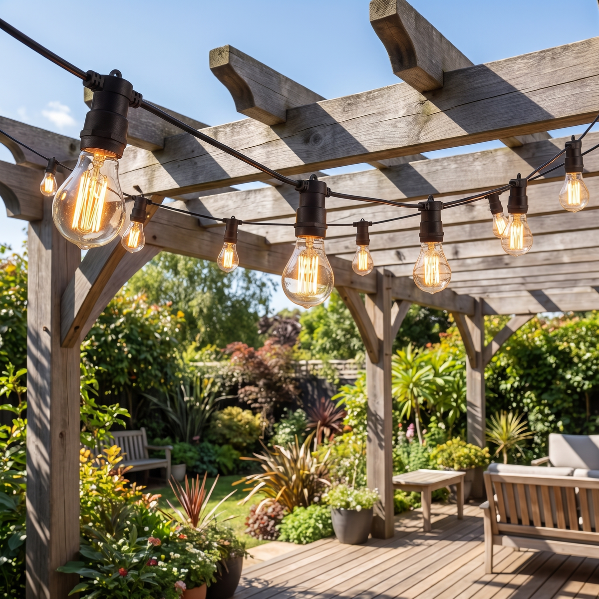 Festoon String Lights – 10m / 20m – mounted outdoors in daylight