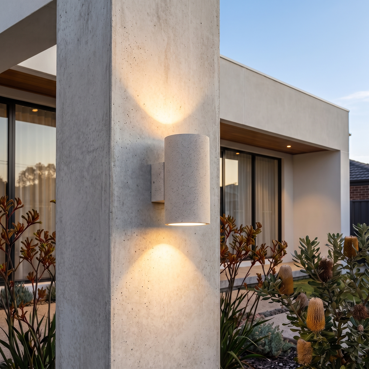 Stonebrook Concrete LED Exterior Wall Light – mounted outdoors in daylight