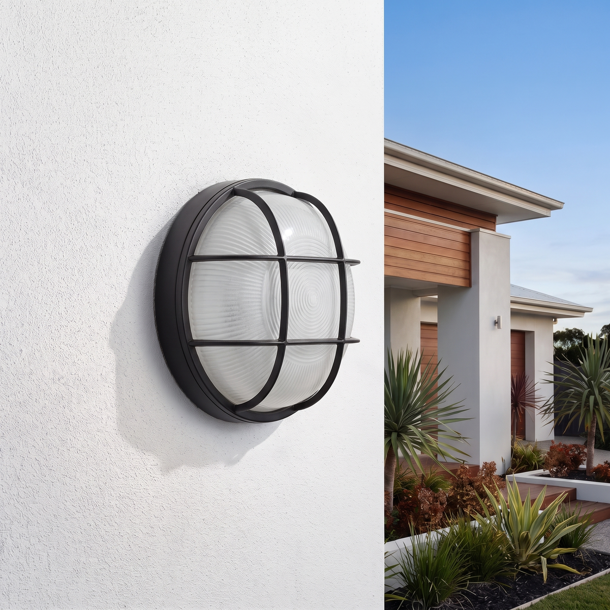 Round Caged Bunker Light – mounted outdoors in daylight