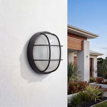 Round Caged Bunker Light – mounted outdoors in daylight