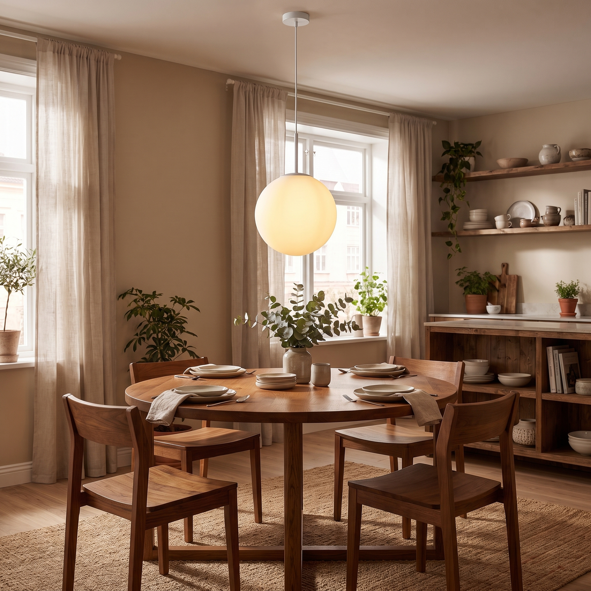 Orb Mouth-Blown Glass Pendant Light – White – shown in a room for scale