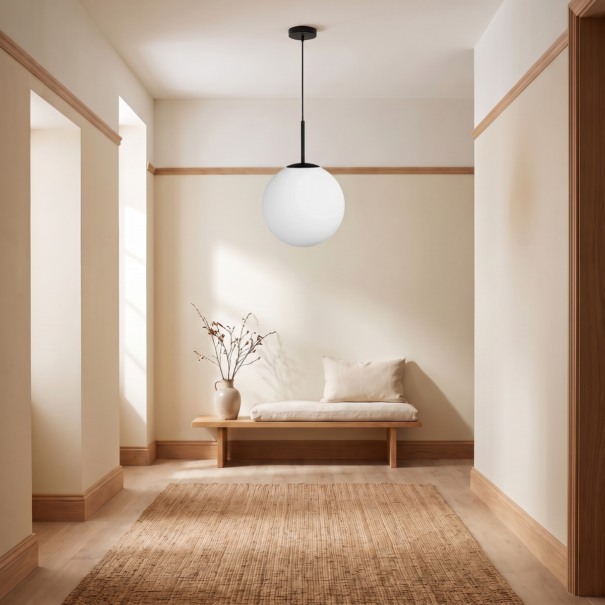 Orb Mouth-Blown Glass Pendant Light – Black – shown in a room for scale