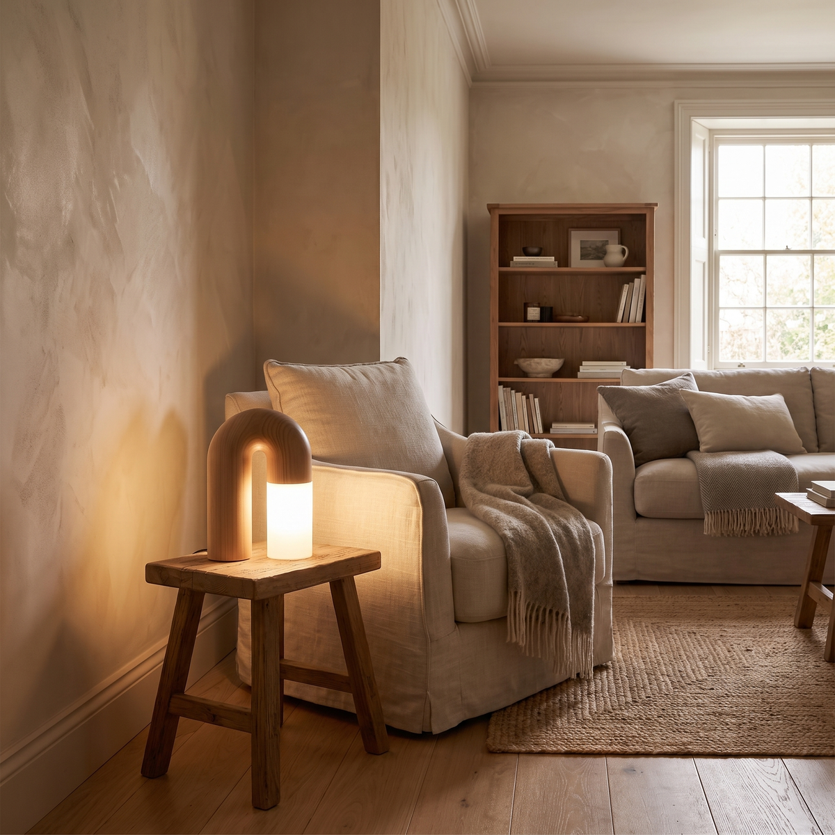 Arch Timber Touch Table Lamp – shown in a room for scale