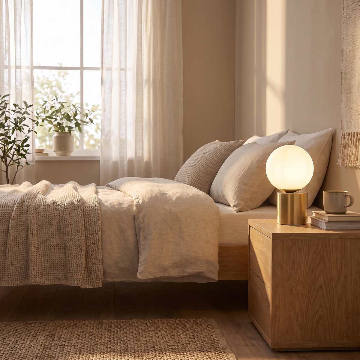 Setra Touch Table Lamp with Opal Glass Globe – shown in a room for scale