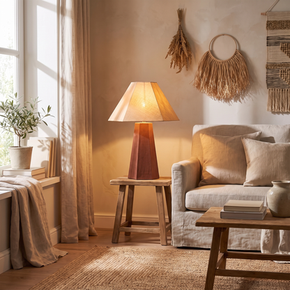 Blake Hexagonal Linen Table Lamp – Toffee – shown in a room for scale