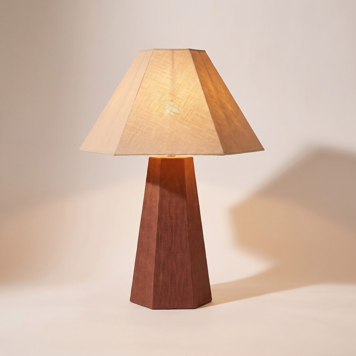 Blake Hexagonal Linen Table Lamp – Toffee – studio product shot