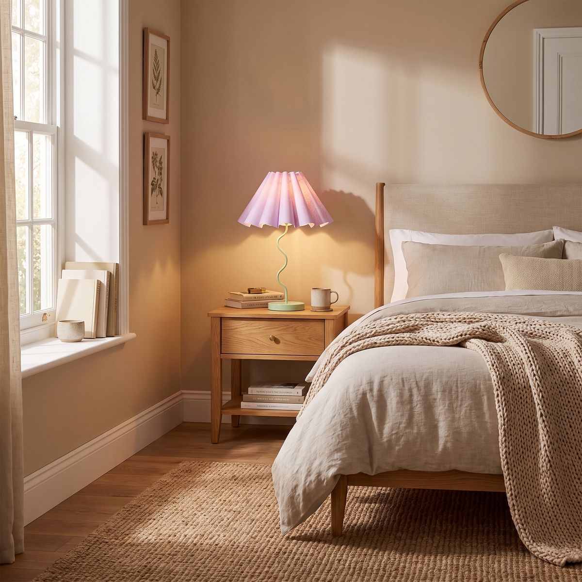 Cora Fluted Table Lamp – Lilac & Pastel Green – shown in a room for scale