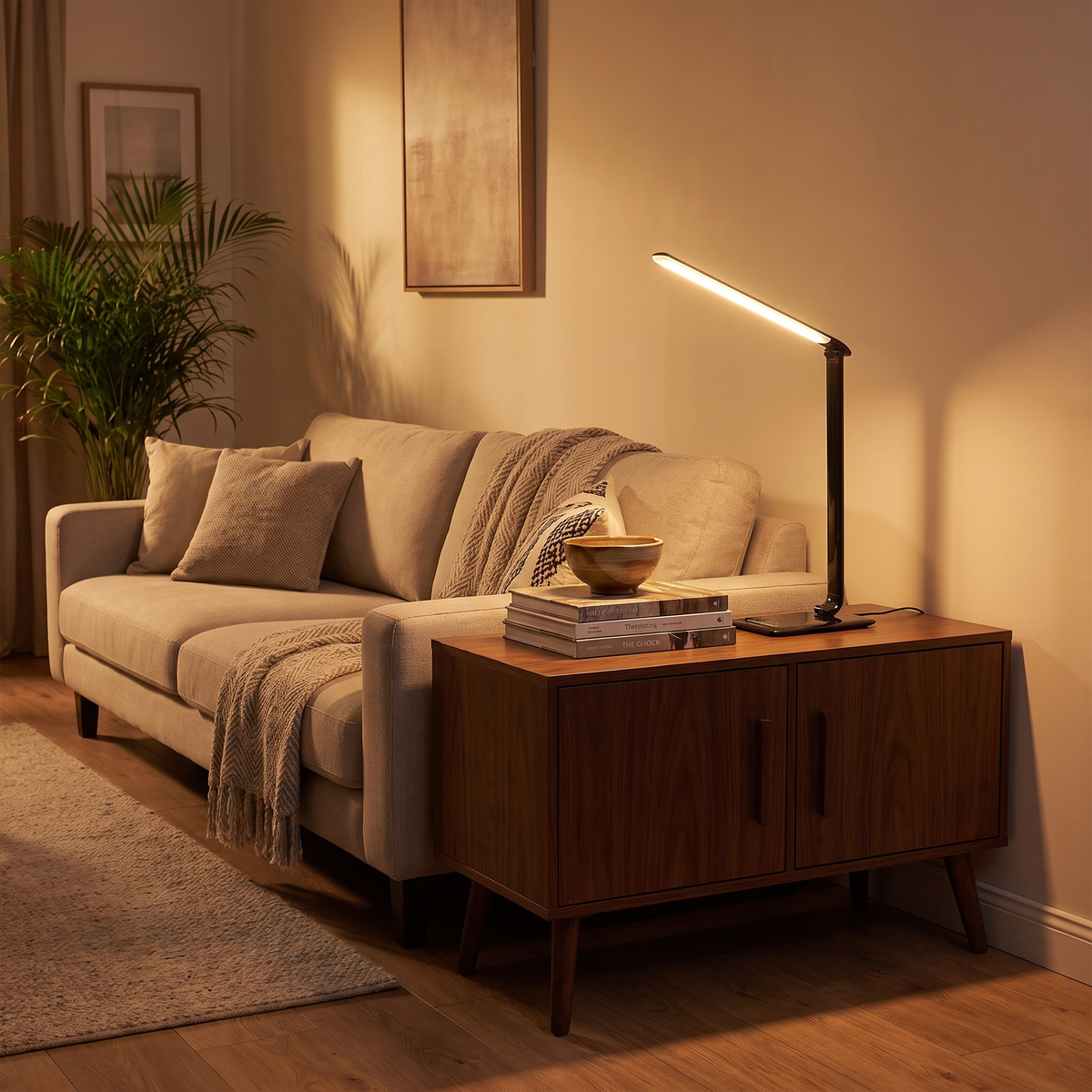 Dimmable LED Desk Lamp with USB Charging – shown in a room for scale