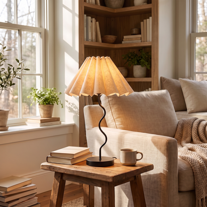 Cora Fluted Table Lamp – Black & Natural – shown in a room for scale