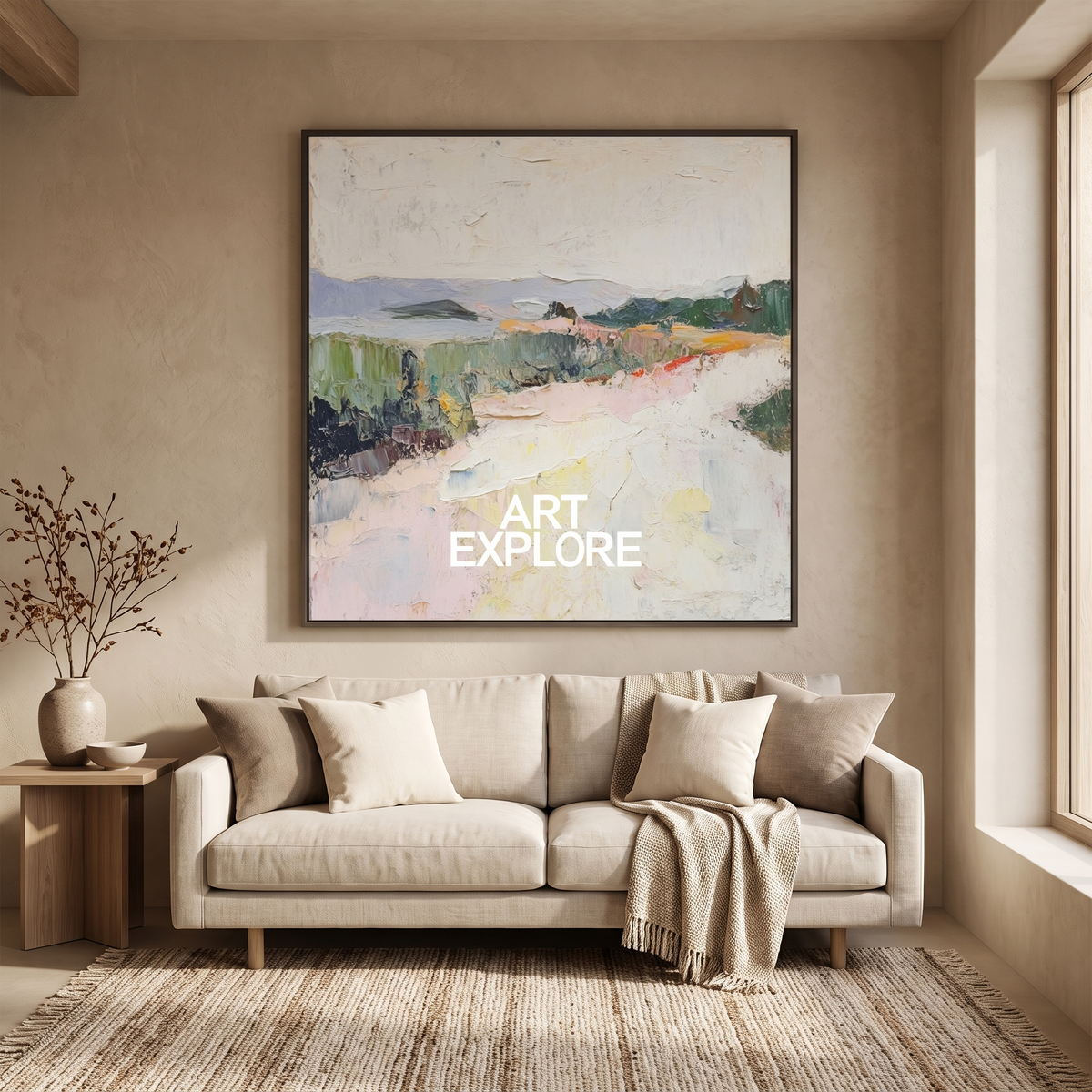 Dune Horizon Beige Textured Landscape Canvas – Hand-Painted Wall Art – styled in a room