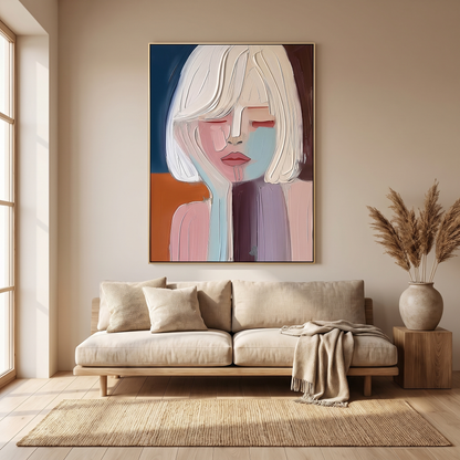 Muse Colourful Textured Portrait Canvas – Hand-Painted Plaster Wall Art – styled in a room