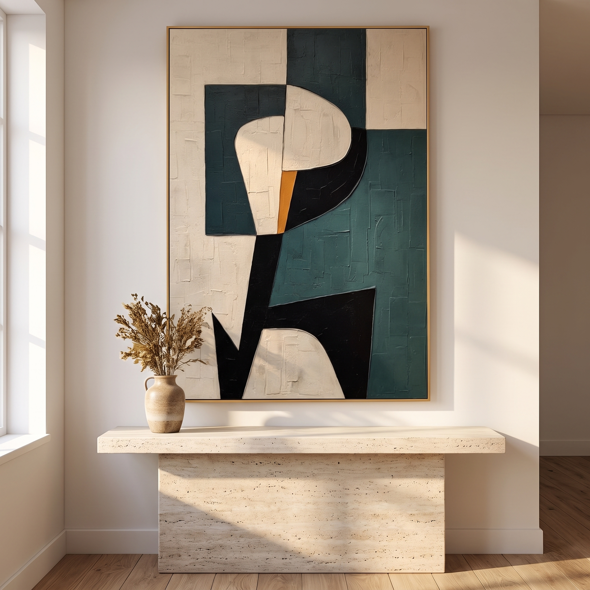 Sage & Sand Textured Abstract Canvas – Hand-Painted Wabi-Sabi Wall Art – styled in a room