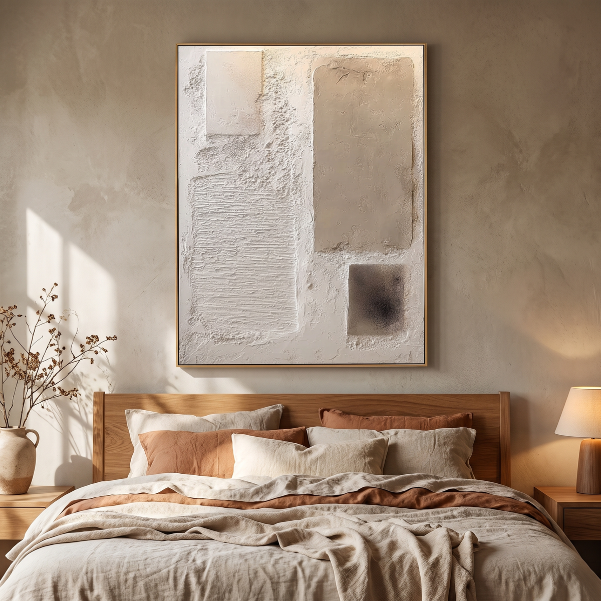 Ivory Drift 3D Textured Abstract Canvas – Hand-Painted Wabi-Sabi Art – styled in a room