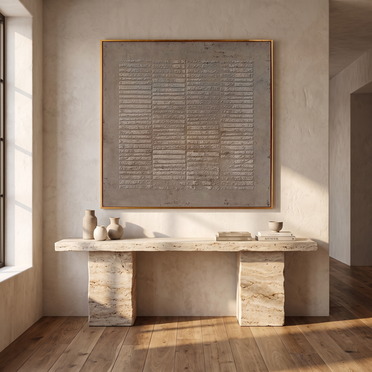 Taupe Earth Textured Wabi-Sabi Canvas – Hand-Painted Square Wall Art – styled in a room