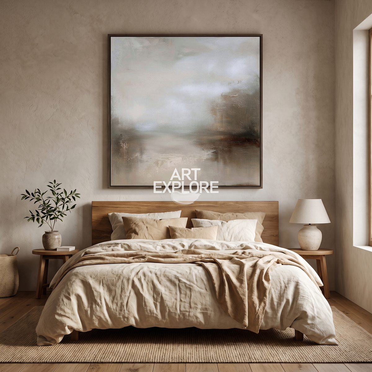 Earthen Lake Textured Landscape Canvas – Hand-Painted Abstract Art – styled in a room
