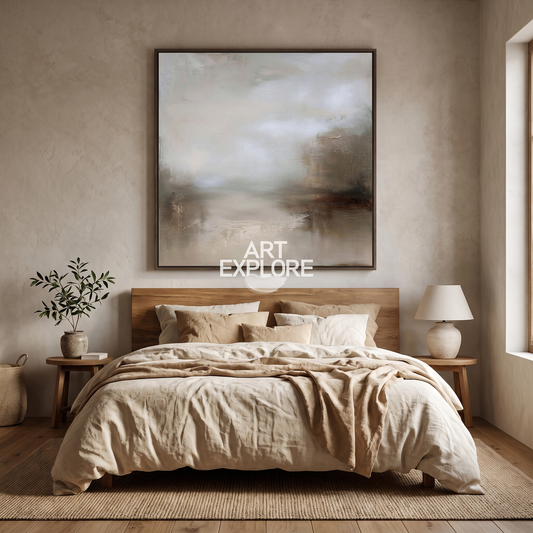 Earthen Lake Textured Landscape Canvas – Hand-Painted Abstract Art – styled in a room