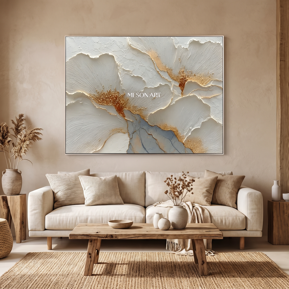 Gilded Bloom Gold & White Floral Plaster Canvas – Hand-Painted Wall Art – styled in a room