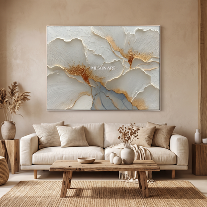 Gilded Bloom Gold & White Floral Plaster Canvas – Hand-Painted Wall Art – styled in a room