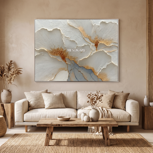 Gilded Bloom Gold & White Floral Plaster Canvas – Hand-Painted Wall Art – styled in a room