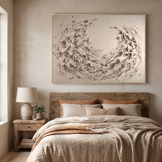 Whirl Neutral Swirl Textured Abstract Canvas – Hand-Painted Wall Art – styled in a room
