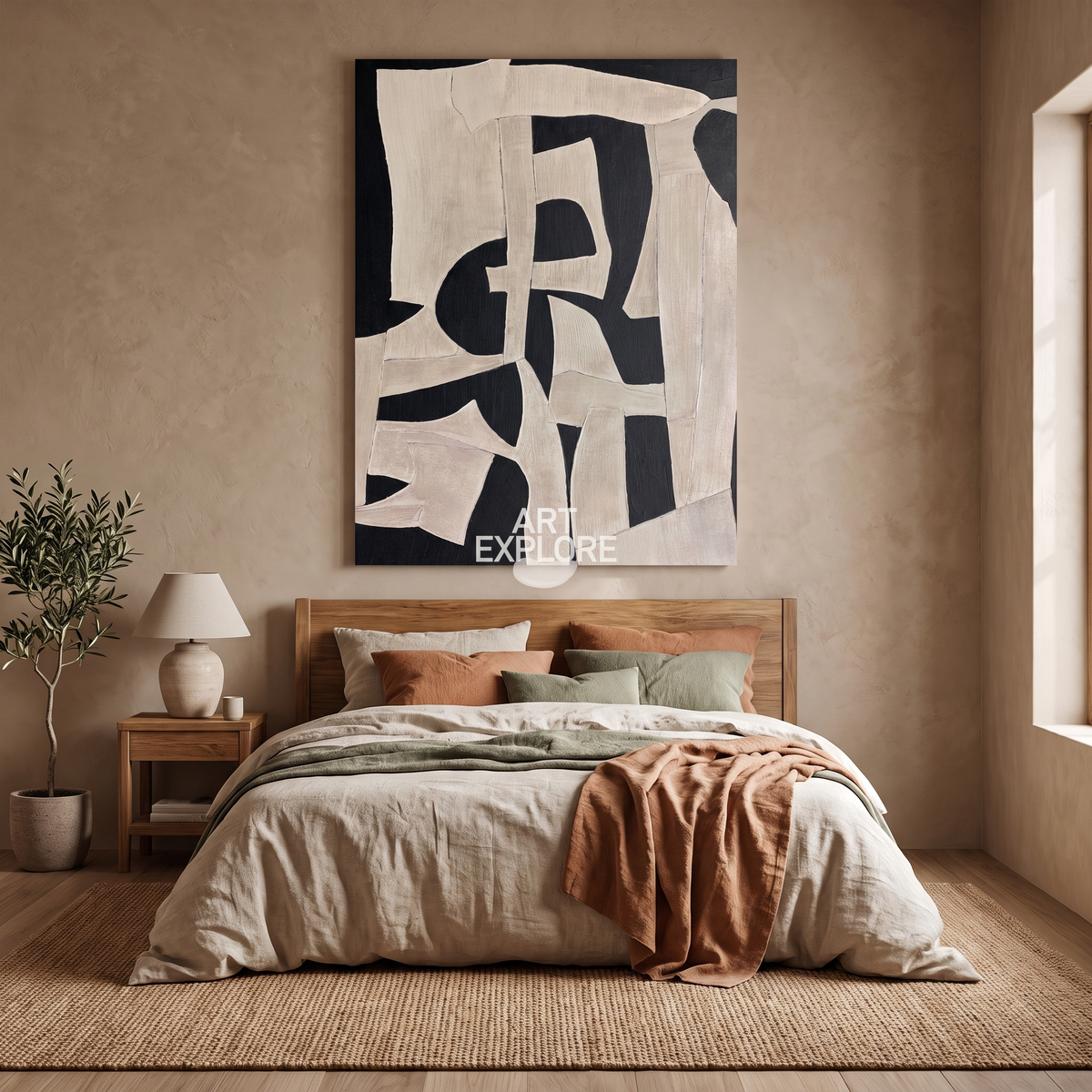 Black & Beige Wabi-Sabi Abstract Canvas – Hand-Painted Minimalist Art – styled in a room