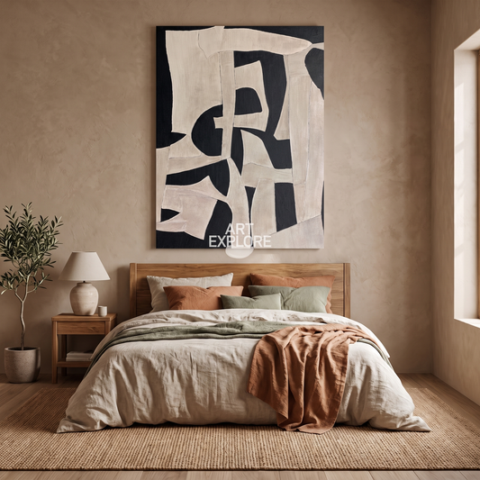 Black & Beige Wabi-Sabi Abstract Canvas – Hand-Painted Minimalist Art – styled in a room