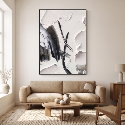 Elegance in Contrast Black & White Textured Abstract Canvas – Hand-Painted – styled in a room