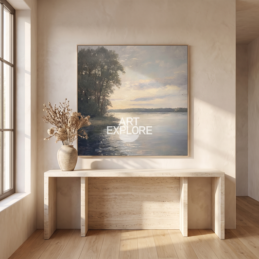 Still Lake Neutral Textured Landscape Canvas – Hand-Painted Wall Art – styled in a room