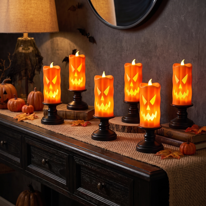 LED Ghost & Pumpkin Flameless Candles – Set of 6 Halloween Table Lights – styled in a room