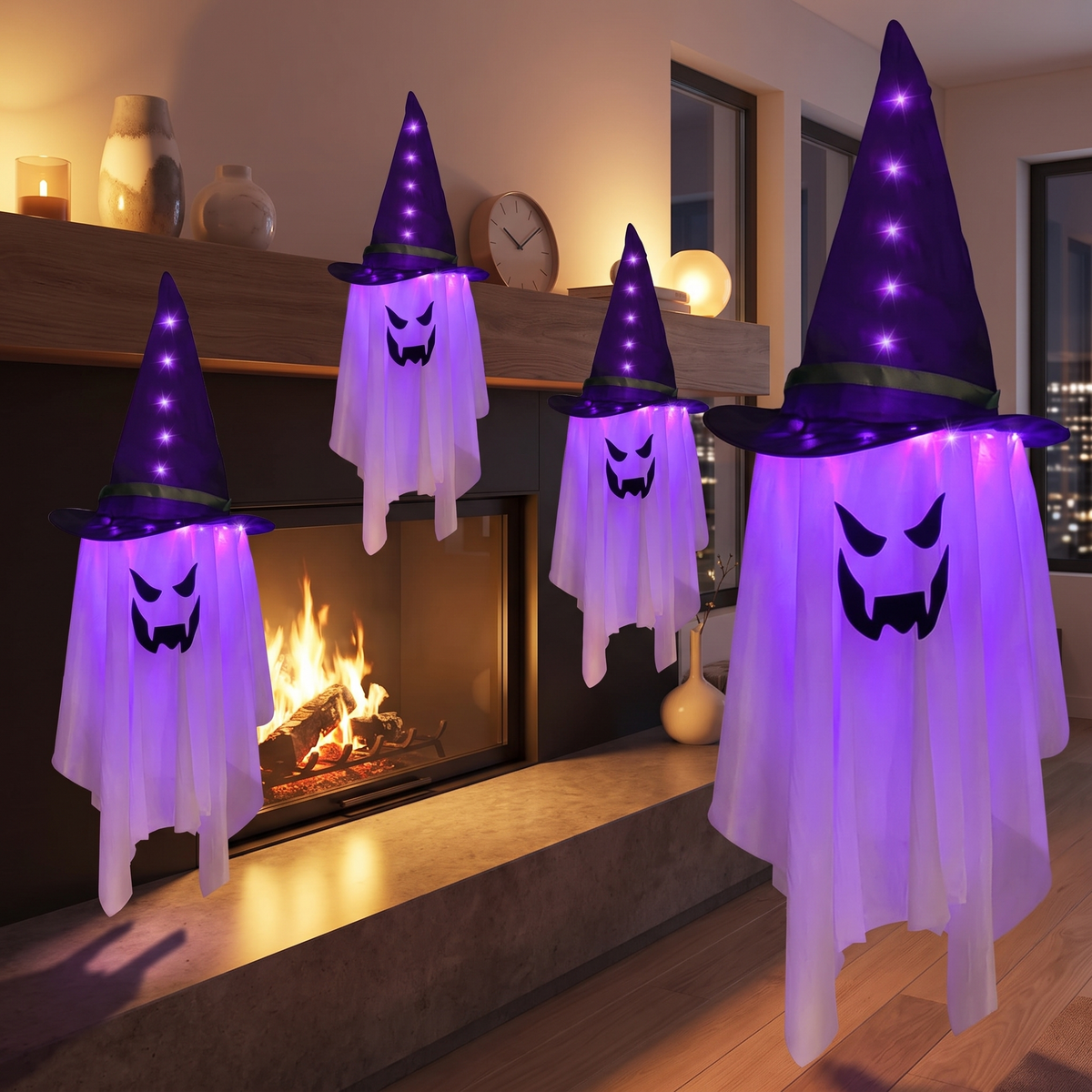 Hanging LED Ghost Light with Hooded Skull & Hat – Battery Halloween Decor – styled in a room