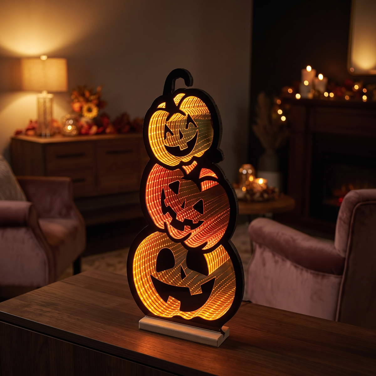 Triple Jack-o'-Lantern Infinity Light – 58cm Acrylic Halloween Decor – styled in a room