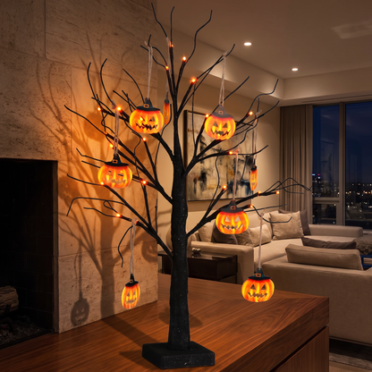 Black Glitter LED Halloween Tree with Pumpkin Ornaments – 60cm – styled in a room