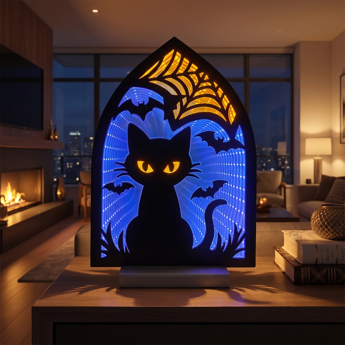 Black Cat & Spider Web Infinity Light – 30cm Acrylic Halloween Decor – styled in a room
