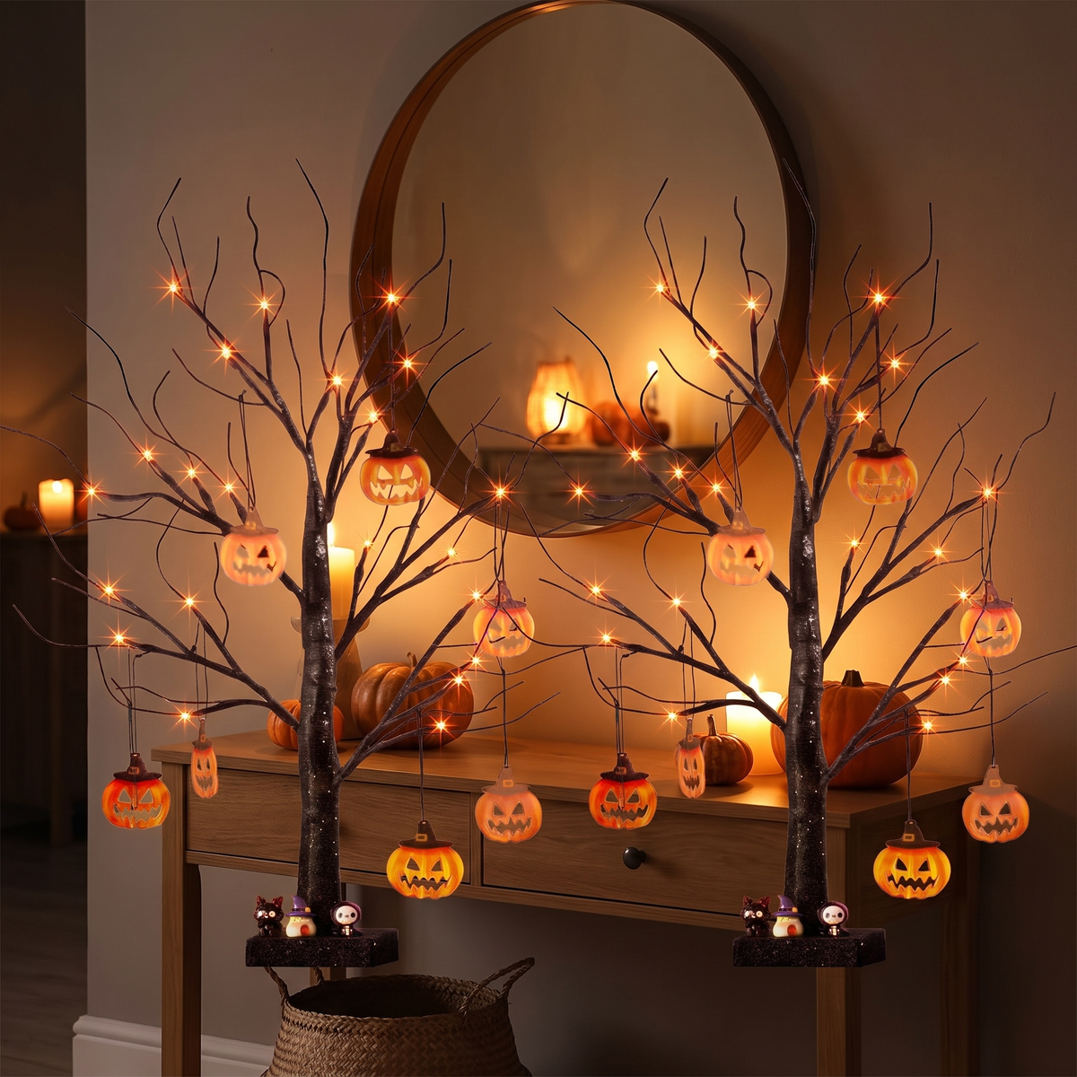 Black Twig LED Halloween Trees with Pumpkin Ornaments – Set of 2, 60cm – styled in a room