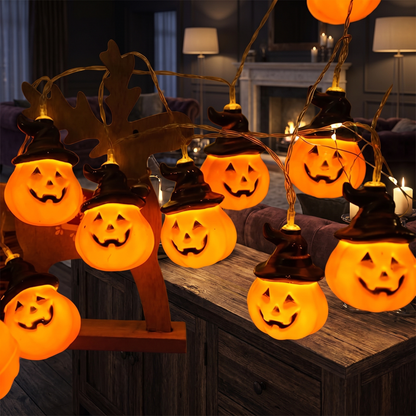 Warm White Pumpkin String Lights – 5m, 20 LED Battery Halloween Lights – styled in a room