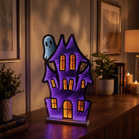 Haunted House Infinity Light with Peeking Ghost – 60cm Acrylic Halloween Decor – styled in a room
