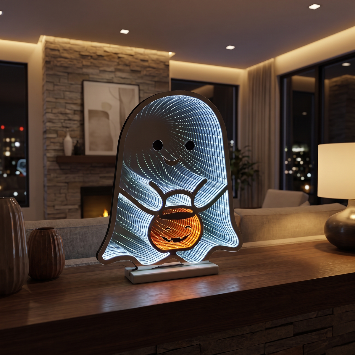 Ghost with Candy Bucket Infinity Light – 41cm Acrylic Halloween Decor – styled in a room