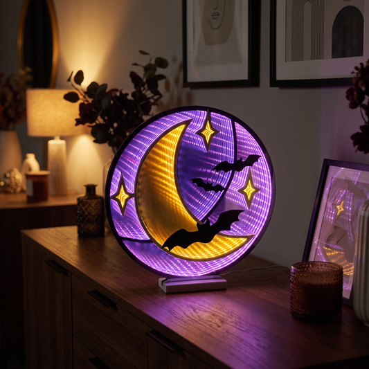 Crescent Moon & Bat Infinity Light – 42cm Acrylic Halloween Decor – styled in a room