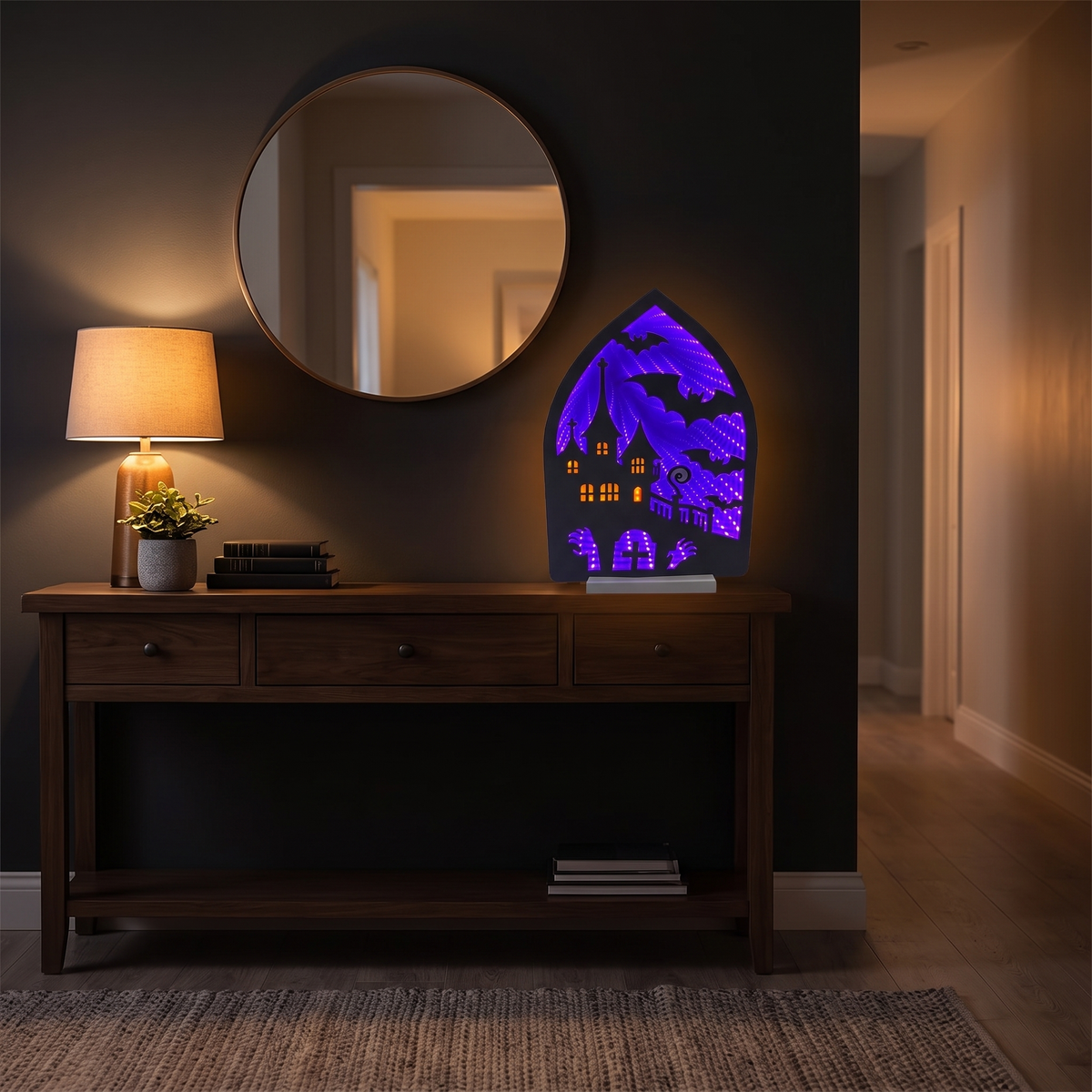 Haunted House with Bats Infinity Light – 30cm Acrylic Halloween Decor – styled in a room