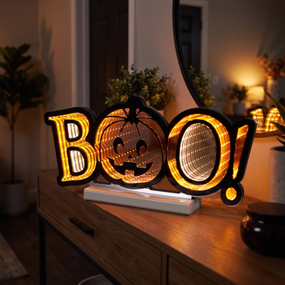BOO Infinity Light Sign with Pumpkin – 39cm Acrylic Halloween Decor – styled in a room