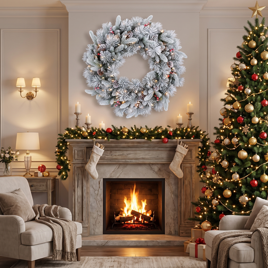 Pre-Lit Snowy Douglas Fir Christmas Wreath – 60cm, 50 LED – styled in a room